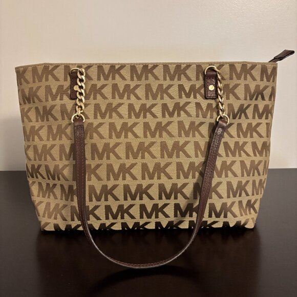 Michael Kors Jet Set Signature Tan Brown Gold Chain Handle Tote Bag - Picture 6 of 14